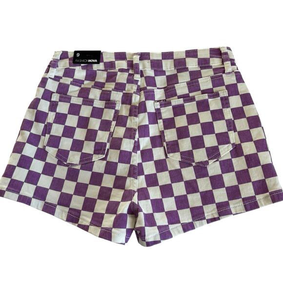 Fashion Nova Pit Stop Purple and White Checked High Rise Denim Shorts Size 9 - Picture 7 of 8